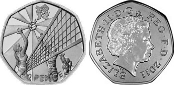 Великобритания 50 пенсов 2011 XXX летние Олимпийские игры в Лондоне в 2012 году, волейбол, в оригинальном картонном буклете, с Олимпийской голограммой (26/29) KM 1181 медно-никель  UNC  3-6-6-16