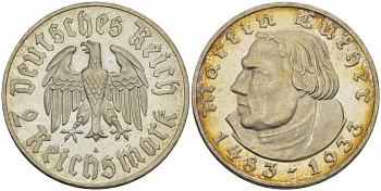 Германия 2 рейхсмарки 1933 A, 450 лет со дня рождения Мартина Лютера J. 352, KM 79 серебро PROOF 00-816-67