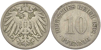 ГЕРМАНИЯ 10 ПФЕННИГОВ 1892 F KM 12, J. 13 медно-никель 4401-934