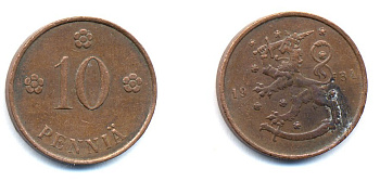 Финляндия 10 пенни 1934 республика (1918-1962) KM 24 медь 51-5343