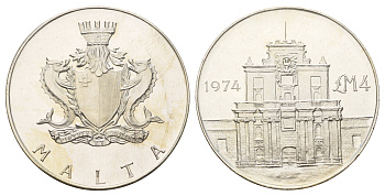 Мальта 4 лиры (фунта) 1974 Ворота Коттонеры KM 25 серебро BU 270-543
