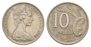 Австралия 10 центов 1982 Елизавета II (1952-2022), птица лирахвост KM 65 медно-никель 4633-227