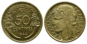 Французская Западная Африка 50 сантимов 1944 редкая KM 1, Lec 1 алюминиевая бронза aUNC 4381-931