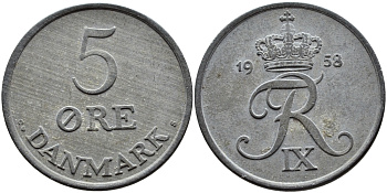 ДАНИЯ 5 ЭРЕ 1958 C; S, ФРЕДЕРИК IX (1947-1972) KM 843.2 цинк 4391-1233