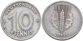 ГДР 10 пфеннигов 1948 A KM 3 алюминий 212-845