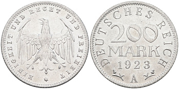 Германия 200 марок 1923 A KM 35, J. 304, Weege 22 алюминий UNC 4586-224