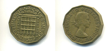 Великобритания 3 пенса 1957 Елизавета II (1952-2022) KM 900, Spink 4153 никель латунь 80-1052