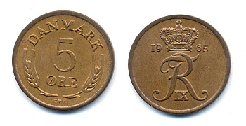 ДАНИЯ 5 ЭРЕ 1965 C; S, ФРЕДЕРИК IX (1947-1972) KM 848.1 бронза UNC 51-4336