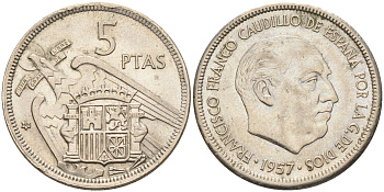 Испания 5 песет 1957 (68) Франсиско Франко (1939-1975) KM 786 медно-никель    4595-1025