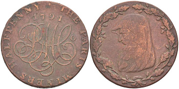 Великобритания 1/2 пенни 1791 компания Парис Майнс (Parys Mines Company), бюст Друида Dalton & Hamer 266-416 медь 1518-1444