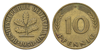 ФРГ 10 пфеннигов 1950 D KM 108, J.383 сталь плакированная латунью 206-267