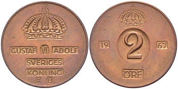Швеция 2 эре 1967 U, Густав VI Адольф (1950-1973) KM 821 бронза 4519-724