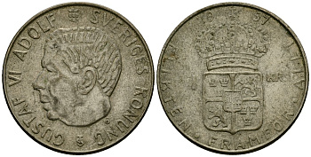 Швеция 1 крона 1957 TS, Густав VI Адольф (1950-1973) KM 826 серебро 4138-823