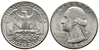 США 25 центов (квотер) 1984 D, Вашингтон KM А164а медь плакированная медно-никелем 23-122