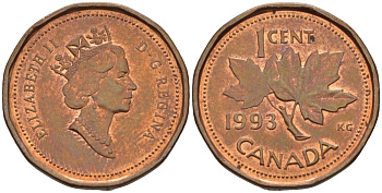 Канада 1 цент 1993 Елизавета II (1952-2022), кленовый лист KM 181 бронза 35-1318