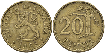 ФИНЛЯНДИЯ 20 ПЕННИ 1963 S KM 47 алюминиевая бронза 28-134