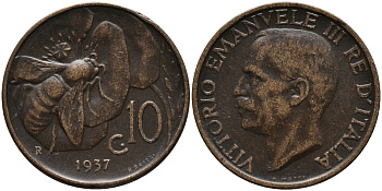 ИТАЛИЯ 10 ЧЕНТЕЗИМО 1937 R, ВИКТОР ИМАНУИЛ, ПЧЕЛА KM 60 медь 76-612