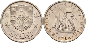 Португалия 5 эскудо 1984 парусник KM 591 медно-никель 4556-1157