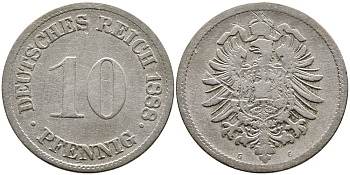 ГЕРМАНИЯ 10 ПФЕННИГОВ 1888 G, СТАРОГЕРБОВКА, KM 4, J. 4 медно-никель 85-921