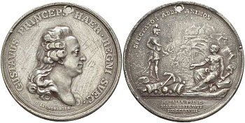 ШВЕЦИЯ МЕДАЛЬ 1768 НАЧАЛУ ПОЛИТИЧЕСКОЙ ДЕЯТЕЛЬНОСТИ ПРИНЦА ГУСТАВА III, МЕДАЛЬЕР LIUNGFERGER, ДИАМЕТР 57 ММ., ВЕС 43,39 ГР., С ОТВЕРСТИЕМ НА 12 ЧАСОВ белый металл 1084-3-12