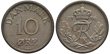ДАНИЯ 10 ЭРЕ 1950 N; S, ФРЕДЕРИК IX (1947-1972) KM 841.1 медно-никель 4549-868