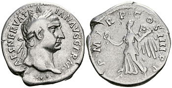 Римская Империя денарий 101 - 102 Траян PM TR P COS IIII PP Виктория, держащая венок и пальмовую ветвь Рим Very fine RIC 60 серебро 1073-4-2-7