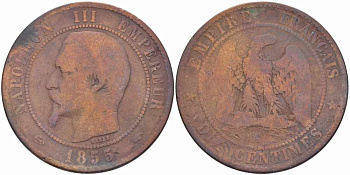 Франция 10 сантимов 1855 A, Наполеон III (1852-1870) KM 771.1, Le Franc 133.19 бронза    4680-511