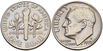 США 10 центов = дайм 1980 P, Рузвельт KM 195a медь плакированная медно-никелем 188-433