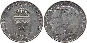 Швеция 1 крона 1983 Карл XVI Густав (1973- ) KM 852a медно-никель 4397-1126