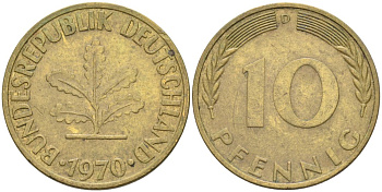 ФРГ 10 пфеннигов 1970 D KM 106 сталь плакированная латунью 4571-534