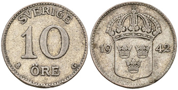 Швеция 10 эре 1942 G, Густав V (1907-1950) KM 780 серебро 4147-843
