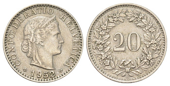 Швейцария 20 раппенов 1952 B KM 29a медно-никель 4625-445