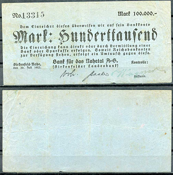 Германия, Биркенфельд 100000 марок 1923 нотгельд, 30.07.1923 бумага 444-112-2-2