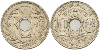 ФРАНЦИЯ 10 САНТИМОВ 1937 ТИП ЛИНДАЙЁ KM 866а медно-никель 4402-815