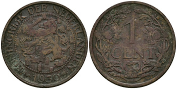 Нидерланды 1 цент 1930 Вильгельмина (1890-1948) KM 152 бронза 4576-1122