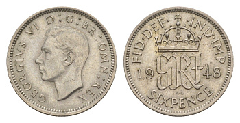 Великобритания 6 пенсов 1948 Георг VI (1936-1952) KM 862, Spink 4105 медно-никель 4636-235