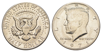 США 1/2 доллара (50 центов) 1971 D, Джон Кеннеди KM 202b медь плакированная медно-никелем aUNC 114-431