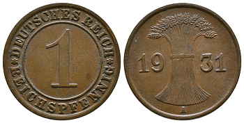 Германия 1 рейхспфенниг 1931 A KM 37, J. 313 бронза 4380-1218
