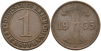 Германия 1 рейхспфенниг 1935 A KM 37, J. 313 бронза 4528-419