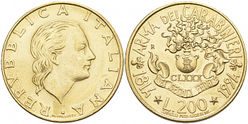 Италия 200 лир 1994 R, 180 лет карабинерам KM 164 алюминиевая бронза UNC 186-227