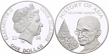 Острова Кука 1 доллар 2004 история Азии, Махатма Ганди KM 1156 медно-никель PROOF 01-233-12