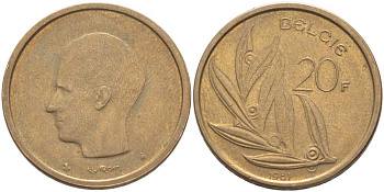 БЕЛЬГИЯ 20 ФРАНКОВ 1981 BELGIE, БОДУЭН I (1951-1993) KM 160 никель бронза 115-734