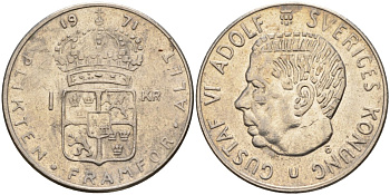 Швеция 1 крона 1971 U, Густав VI Адольф (1950-1973) KM 826a медь плакированный медно-никелем 4150-325