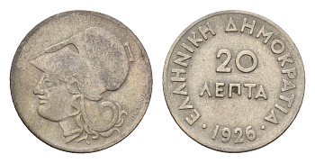 Греция 20 лепт 1926 Афина в коринфском шлеме, год-тип KM 67 медно-никель 4668-1241
