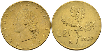 Италия 20 лир 1957 R, дубовый лист KM 97.1 алюминиевая бронза 4594-1054