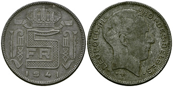Бельгия 5 франков 1941 Belges, германская оккупация, Вторая мировая война KM 129.1 цинк 4176-1253