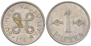 Финляндия 1 марка 1960 KM 36a сталь плакированная железом 4173-1257