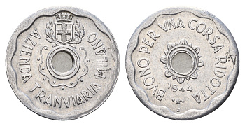 Италия, Милан транспортный жетон для проезда на травмае 1944 диаметр 24 мм, вес 1,4 гр алюминий UNC 5010-1313