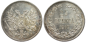 Россия для Финляндии 25 пенни 1917 S, временное правительство, без короны KM 19, Биткин 2 серебро 75-1458