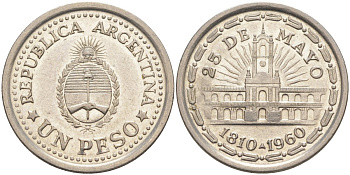 Аргентина 1 песо 1960 150 лет свержения Испанского вице-короля (1810-1960) KM 58 сталь плакированная никелем 219-1233